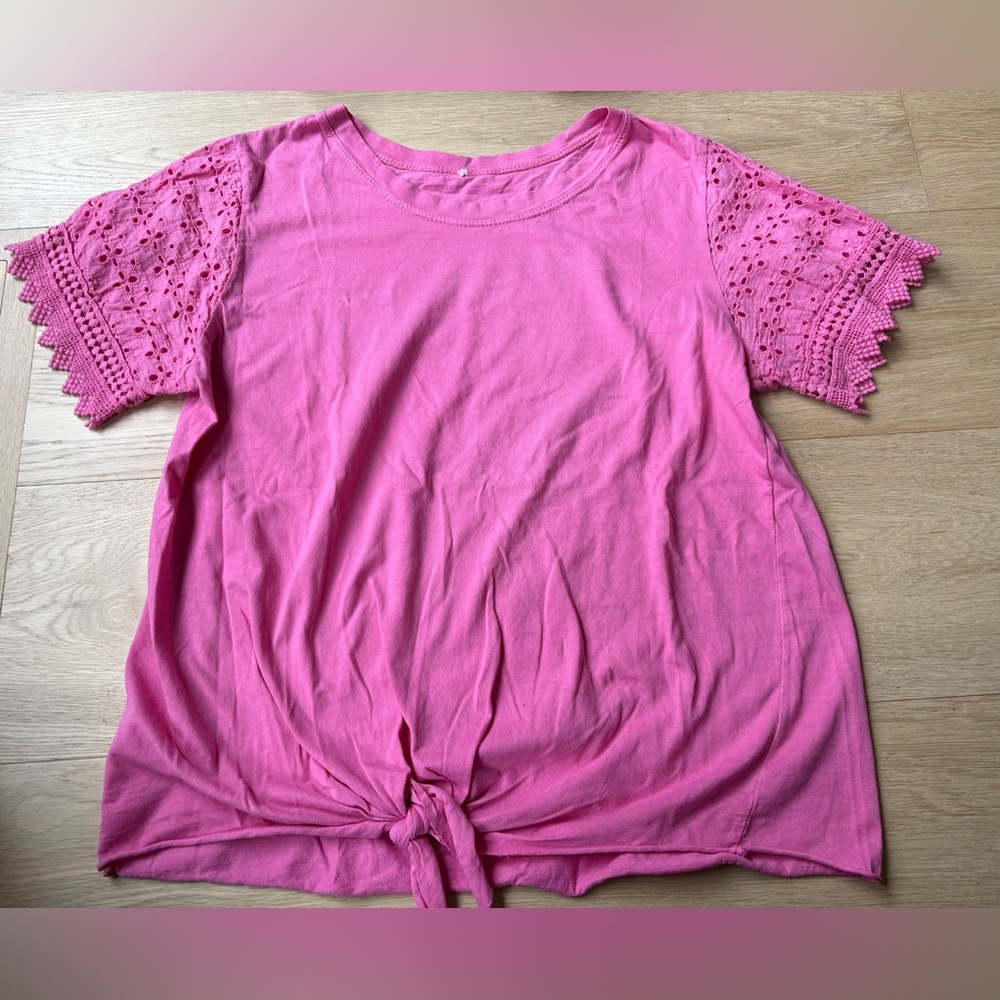 Italian Soft cotton Pink Crochet-Sleeve Tie-Front Women’s Top